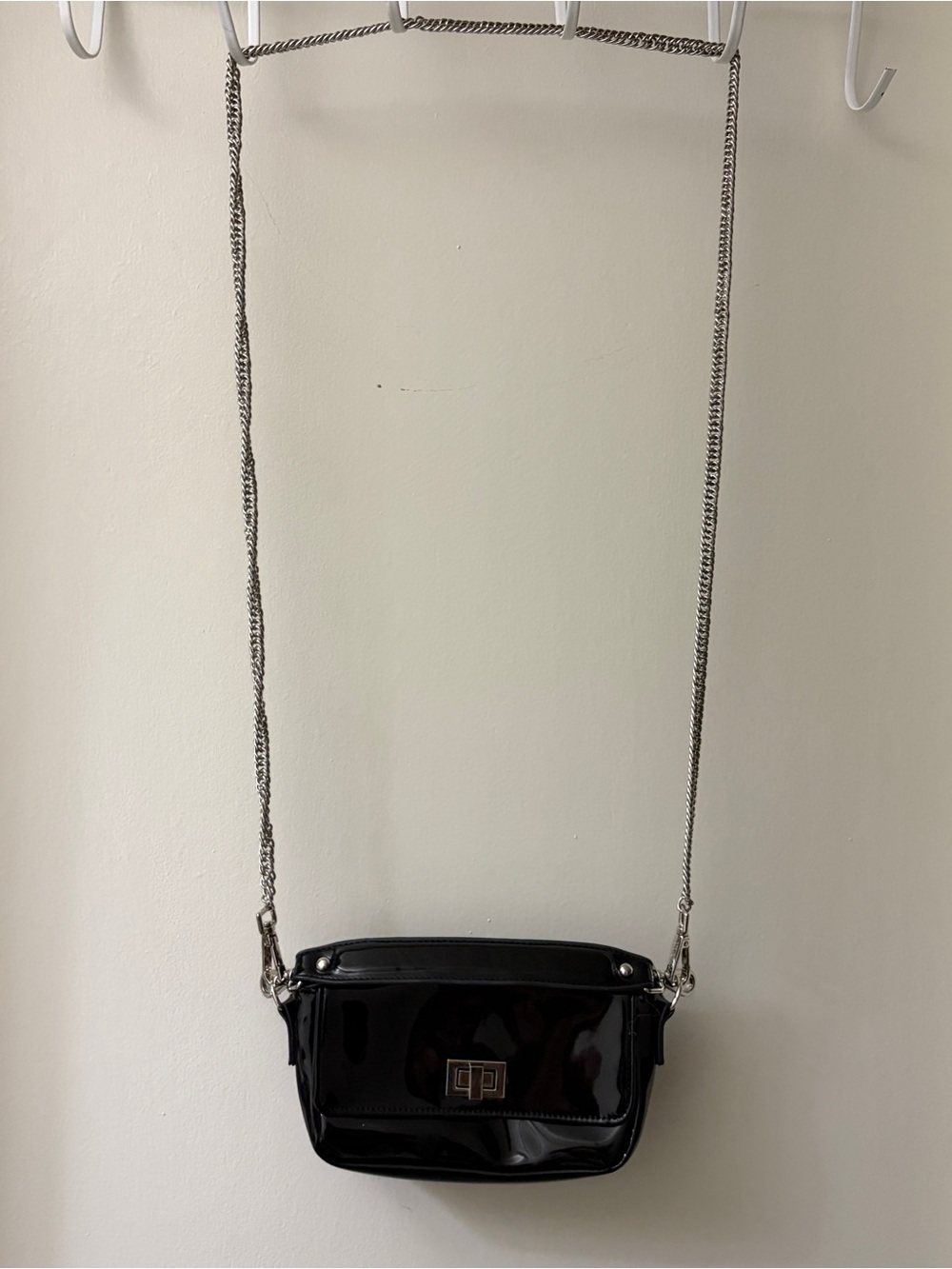Steve Madden Black Patent Crossbody with Silver Chain